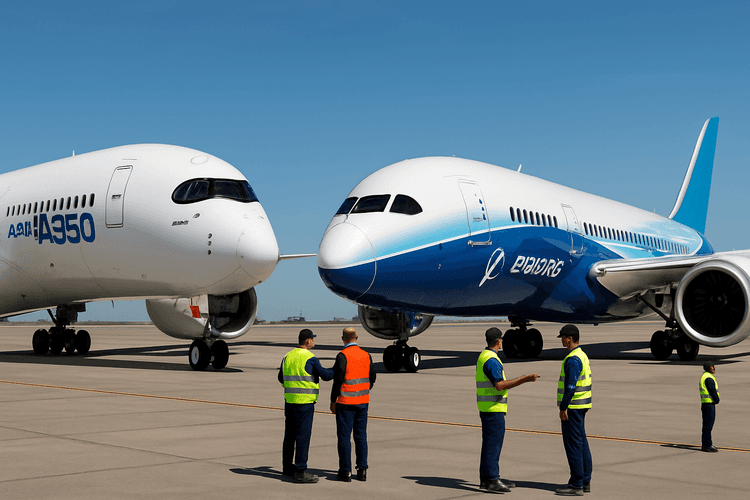 A photorealistic image of an Airbus A350 and a Boeing 787 Dreamliner parked side by side on a sunlit tarmac, showcasing their sleek designs and modern features, with a clear blue sky in the background and airport personnel interacting in the foreground.