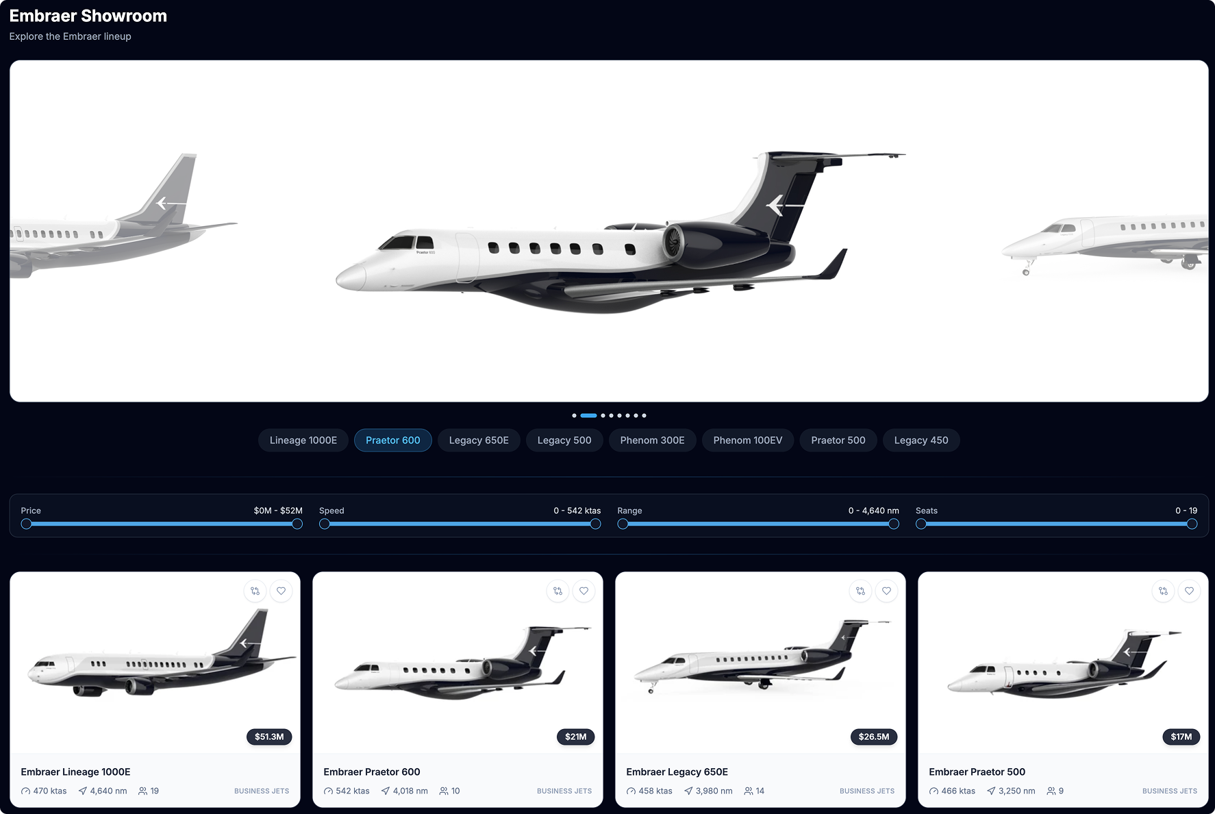 AIR.ONE Aircraft Showroom — detailed model specs and photo galleries